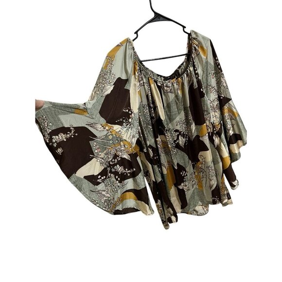 Emery Rose 5XL Blouse Brown/Green/Yellow Floral Design Flare 3/4 Sleeves - Picture 3 of 7